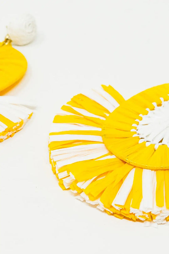 Maxi Dropped Raffia Earrings with Yellow and White Tassels - YELLOW / ONE - Belts Earrings