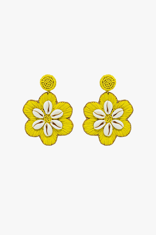 Maxi Embroidered Flower Rafia Earrings With Sea Shell Details in Lime