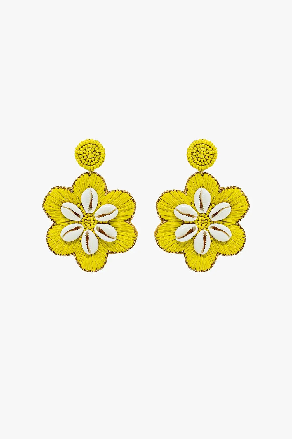 Maxi Embroidered Flower Rafia Earrings With Sea Shell Details in Lime - GREEN / ONE - Belts Earrings