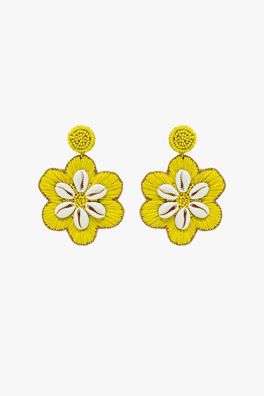 Maxi Embroidered Flower Rafia Earrings With Sea Shell Details in Lime - GREEN / ONE - Belts Earrings