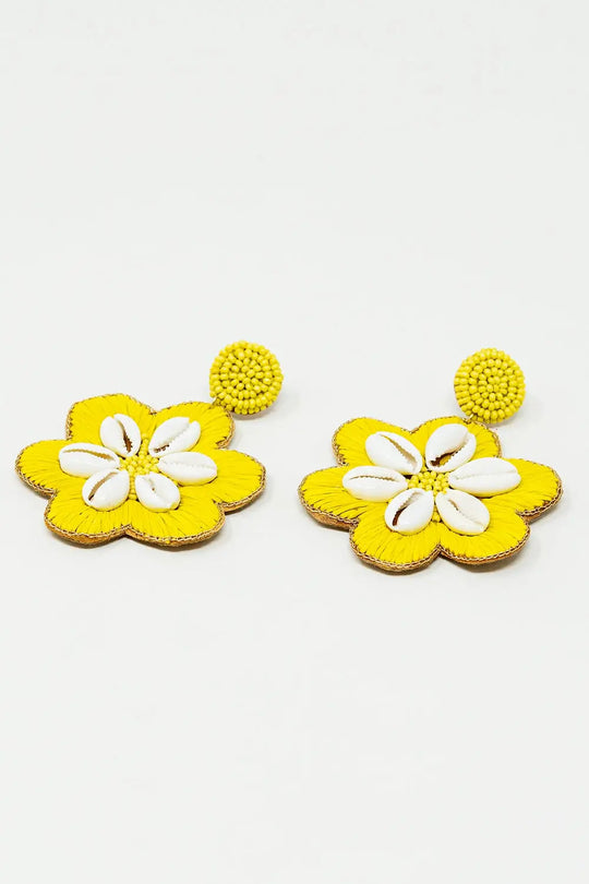 Maxi Embroidered Flower Rafia Earrings With Sea Shell Details in Lime - GREEN / ONE - Belts Earrings