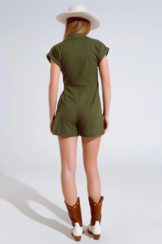 Khaki playsuit With Tie Closing At The Side - Jumpsuits