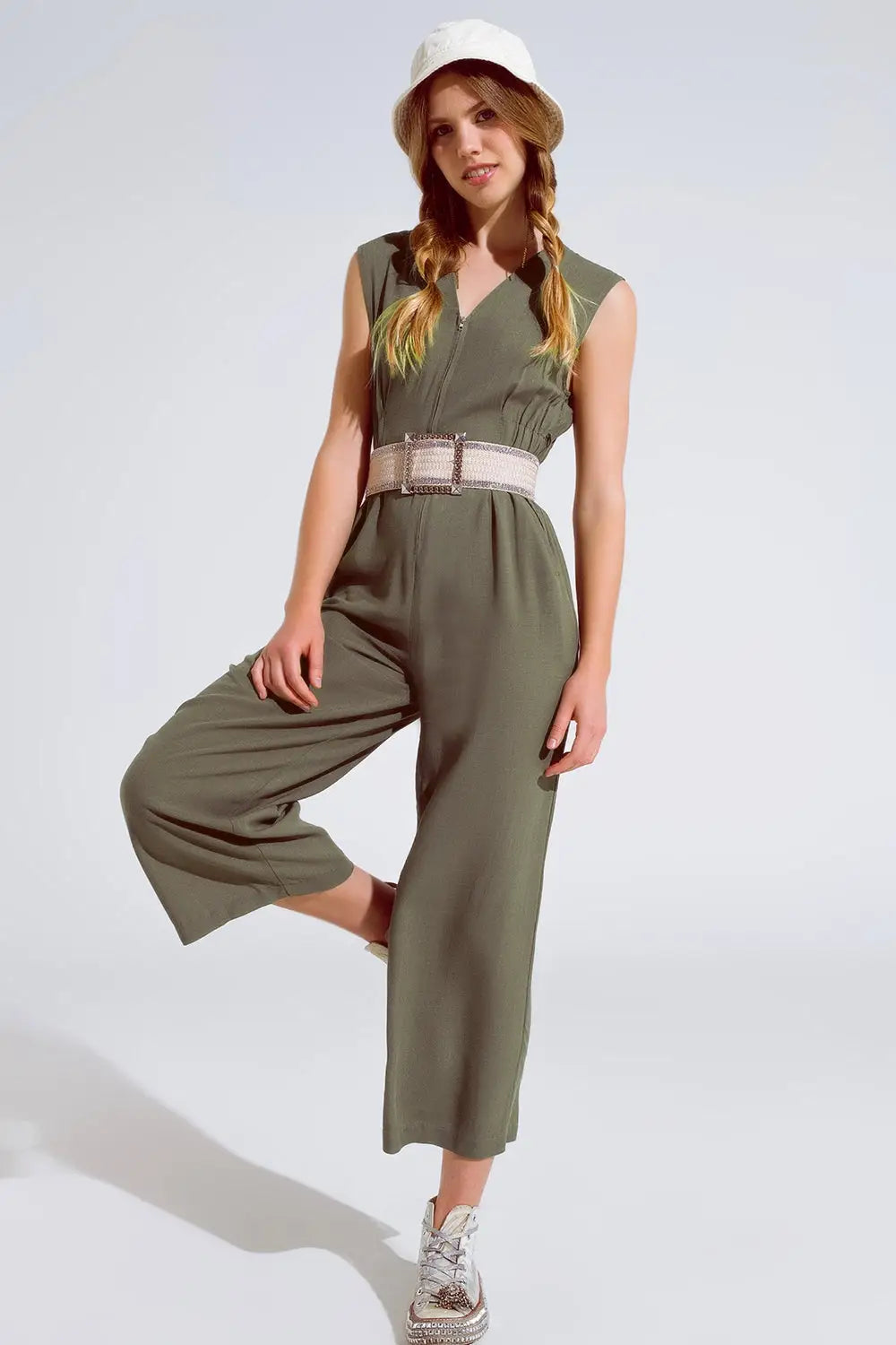 Sleeveless Jumpsuit with zipper detail and belt in khaki - Jumpsuits