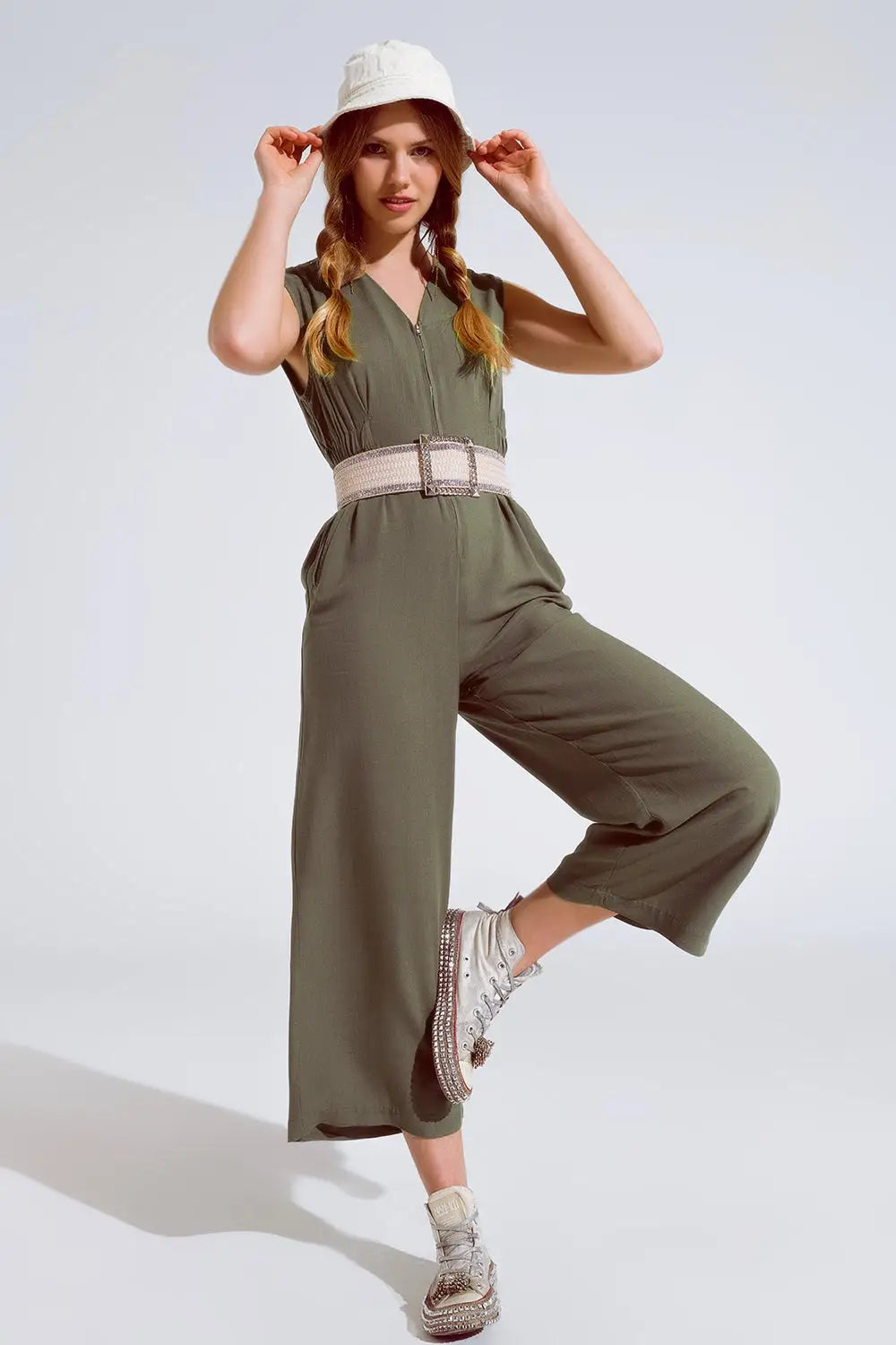 Sleeveless Jumpsuit with zipper detail and belt in khaki - Jumpsuits