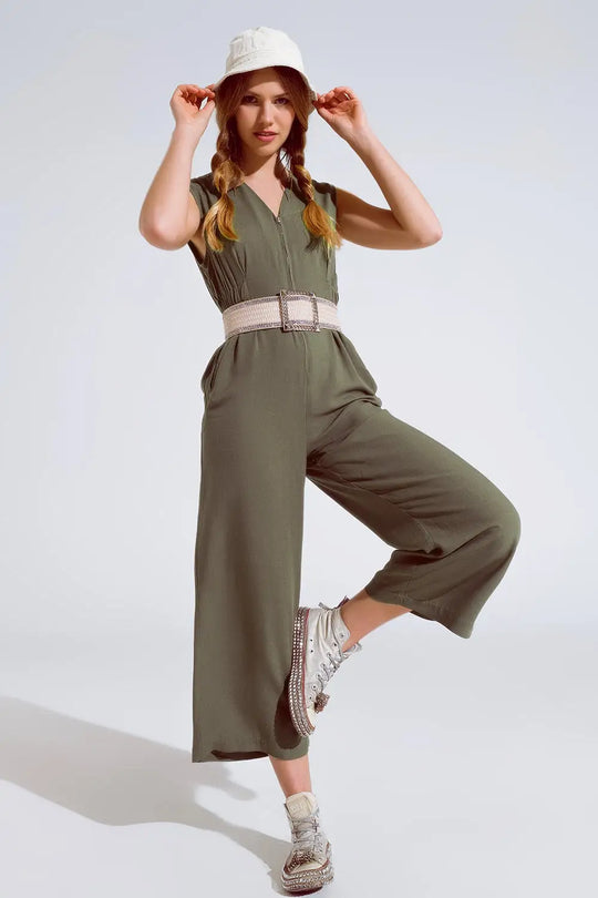 Sleeveless Jumpsuit with zipper detail and belt in khaki - Jumpsuits