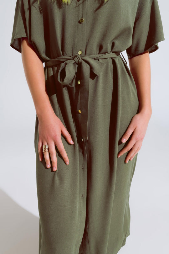 Khaki Midi Button Down Dress With Short Sleeves and Matching Belt