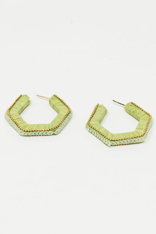 Green Hexagon Earrings With Golden Beads and Sequins