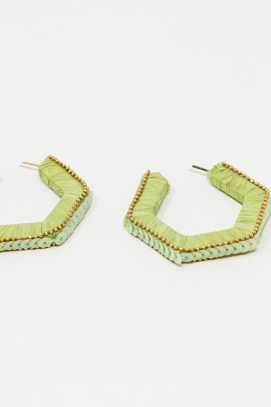 Green Hexagon Earrings With Golden Beads and Sequins