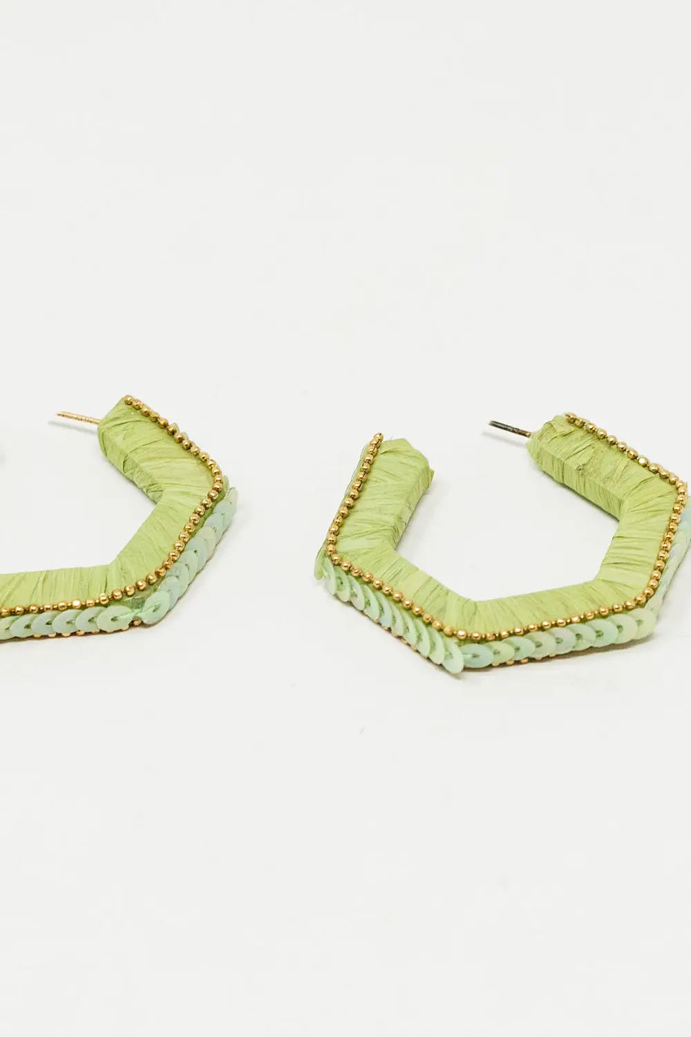 Green Hexagon Earrings With Golden Beads and Sequins - GREEN / ONE - Belts Earrings