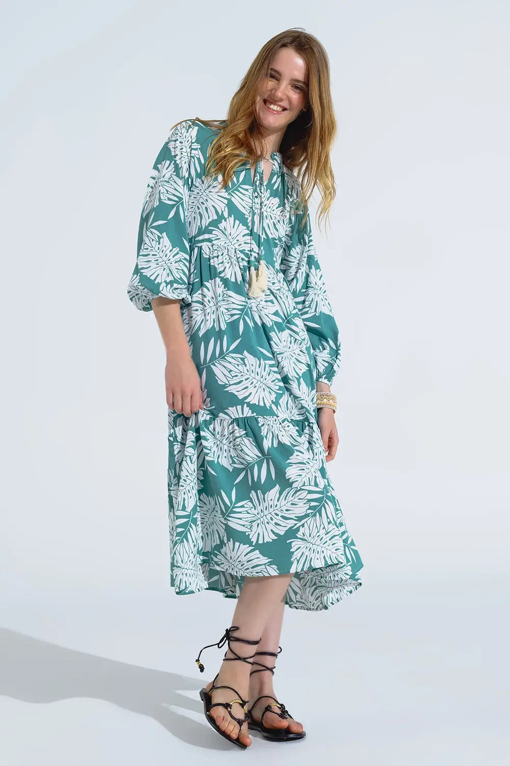 Boho Maxi Dress With Balloon Sleeves And Leaf Print In Green - Dresses