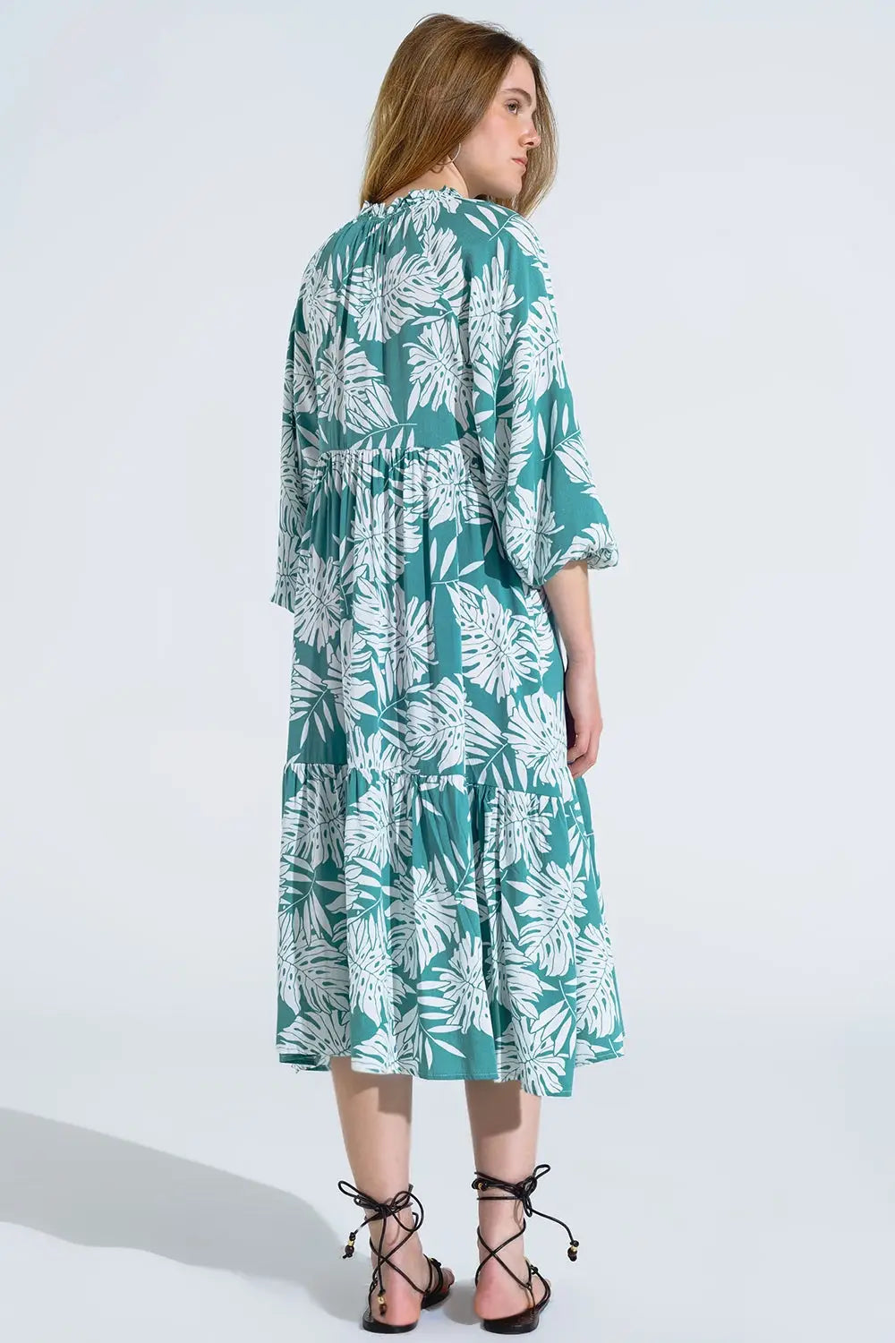Boho Maxi Dress With Balloon Sleeves And Leaf Print In Green - Dresses