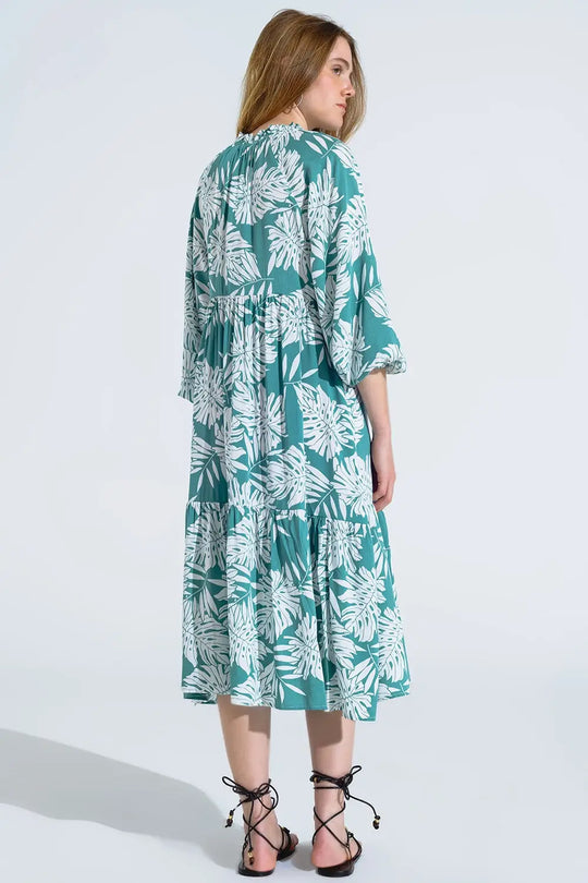 Boho Maxi Dress With Balloon Sleeves And Leaf Print In Green - Dresses