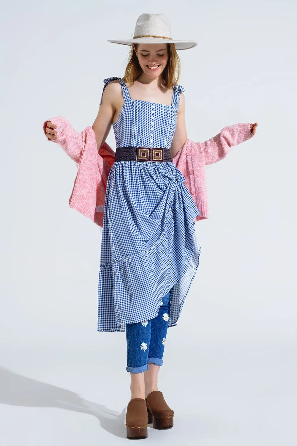 Blue and White Gingham A-line Dress With Adjustable Straps - Dresses