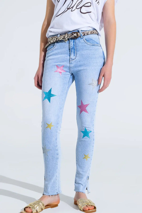 Light Wash Skinny Jeans With Stars On The Legs