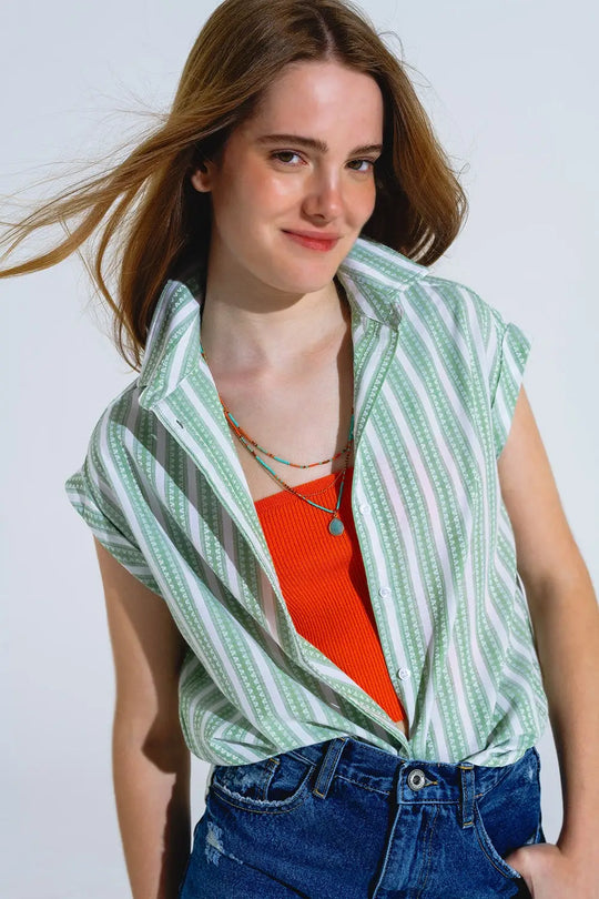 Green Blouse With Vertical Stripes And Short Sleeves - Shirts