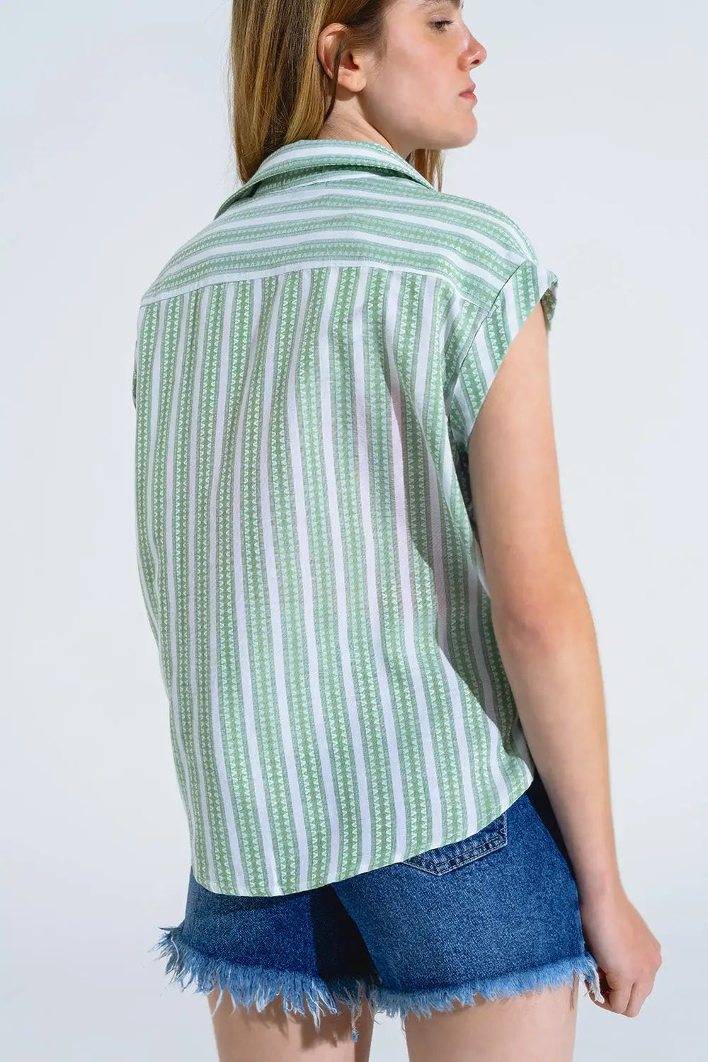Green Blouse With Vertical Stripes And Short Sleeves - Shirts