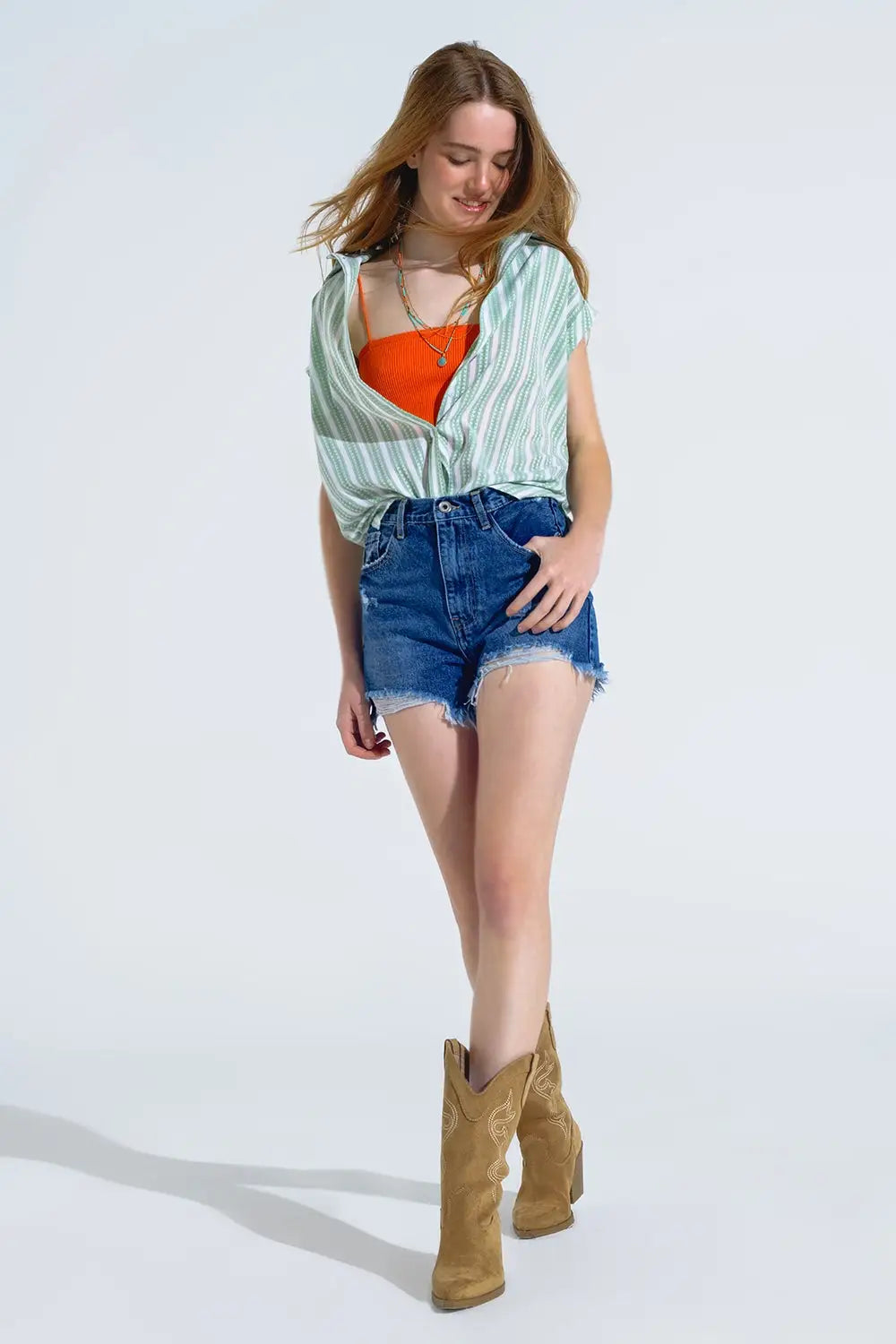 Green Blouse With Vertical Stripes And Short Sleeves - Shirts
