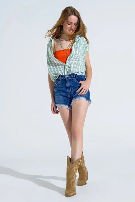 Green Blouse With Vertical Stripes And Short Sleeves - Shirts