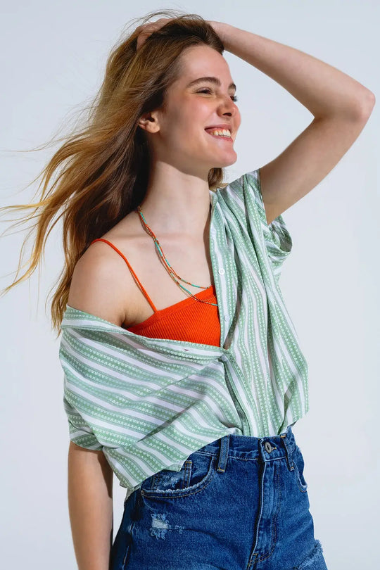 Green Blouse With Vertical Stripes And Short Sleeves - Shirts