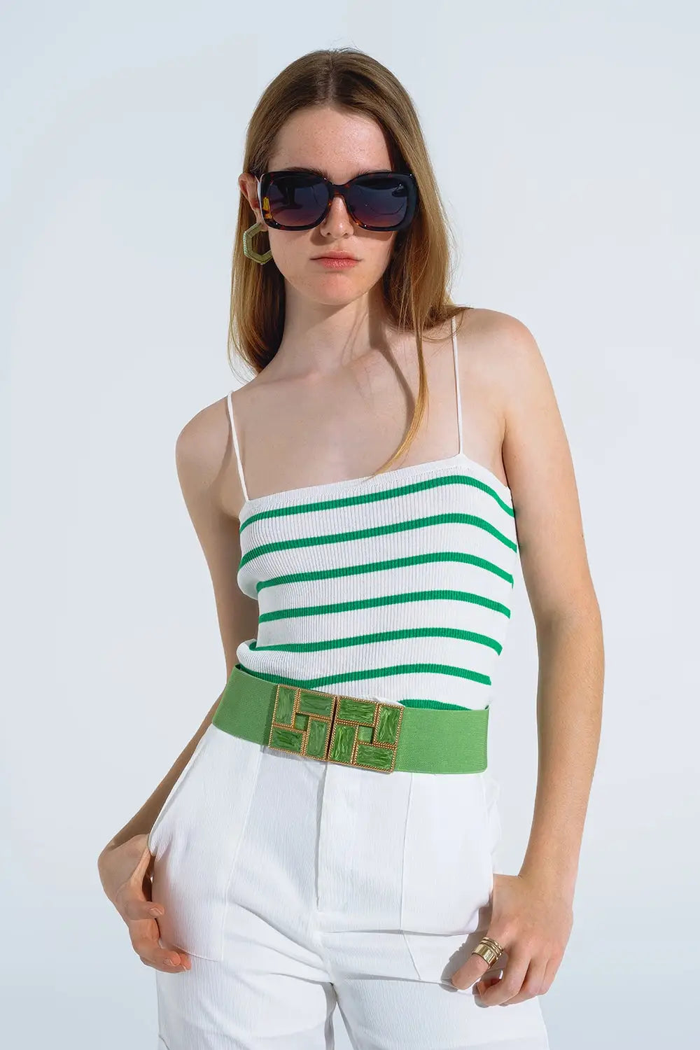 Striped White and Green Top With Square Neckline - Tops Sweaters