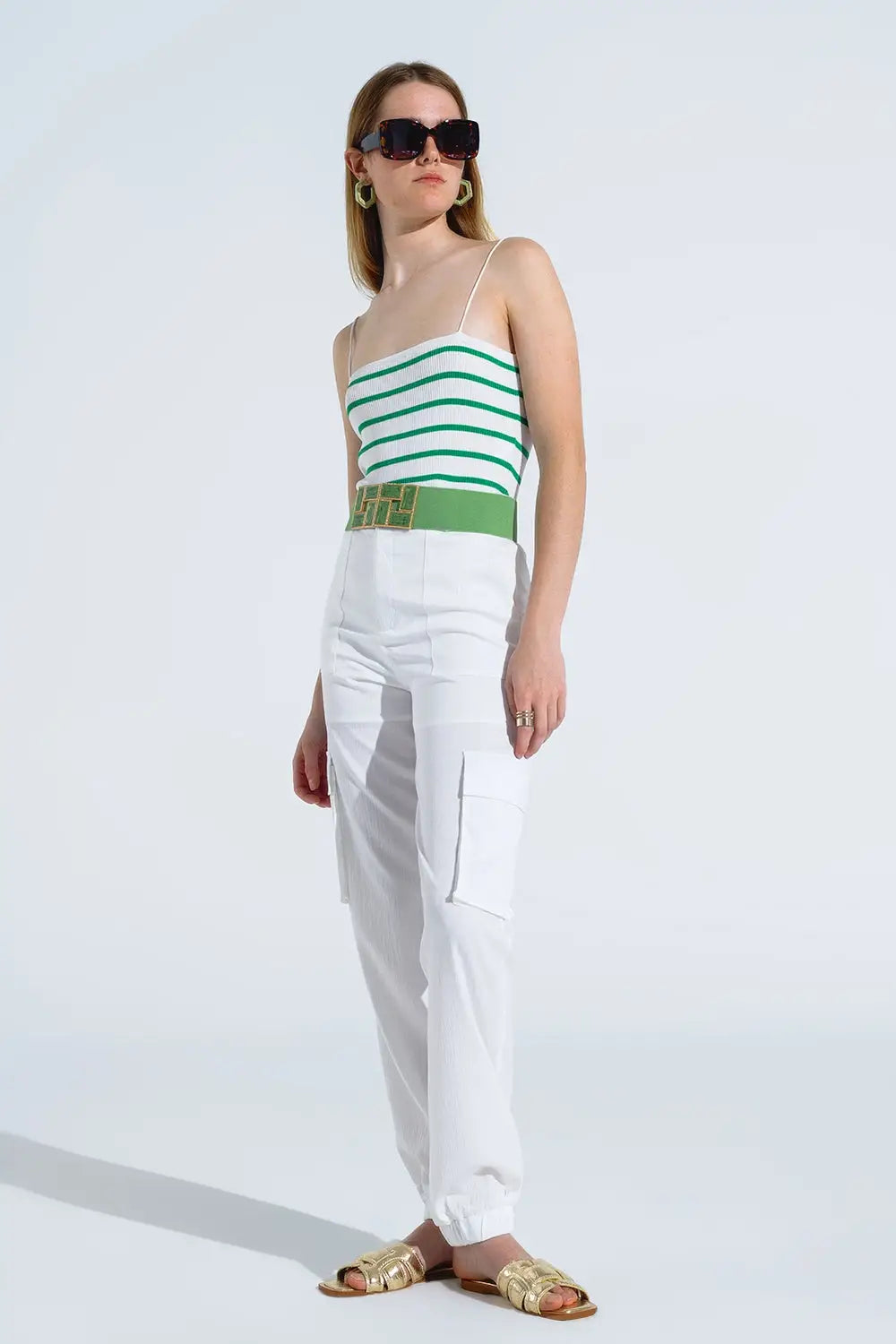 Striped White and Green Top With Square Neckline - Tops Sweaters