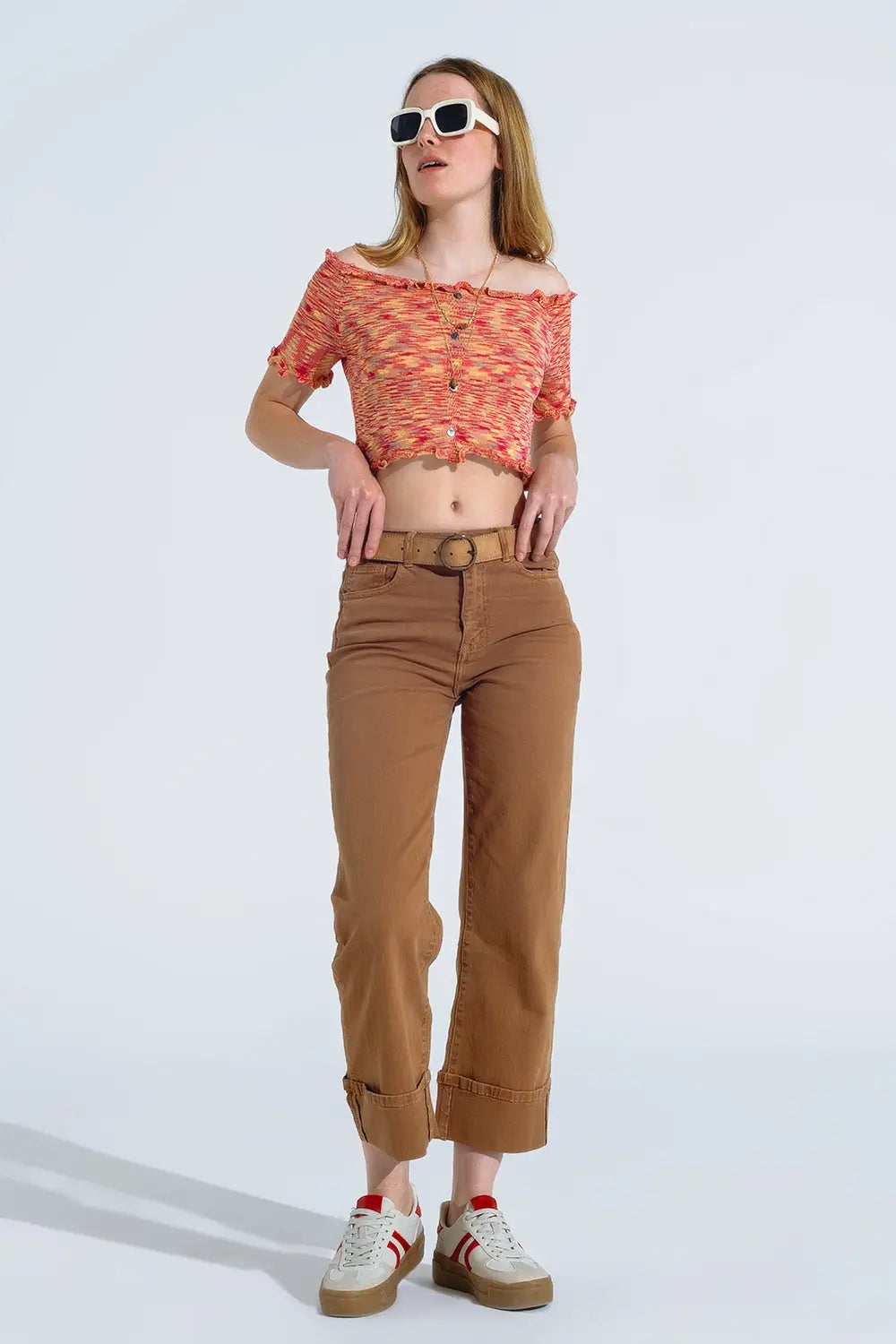 Off The Shoulder Cropped Knitted Top in Rust Melange - Tops Sweaters