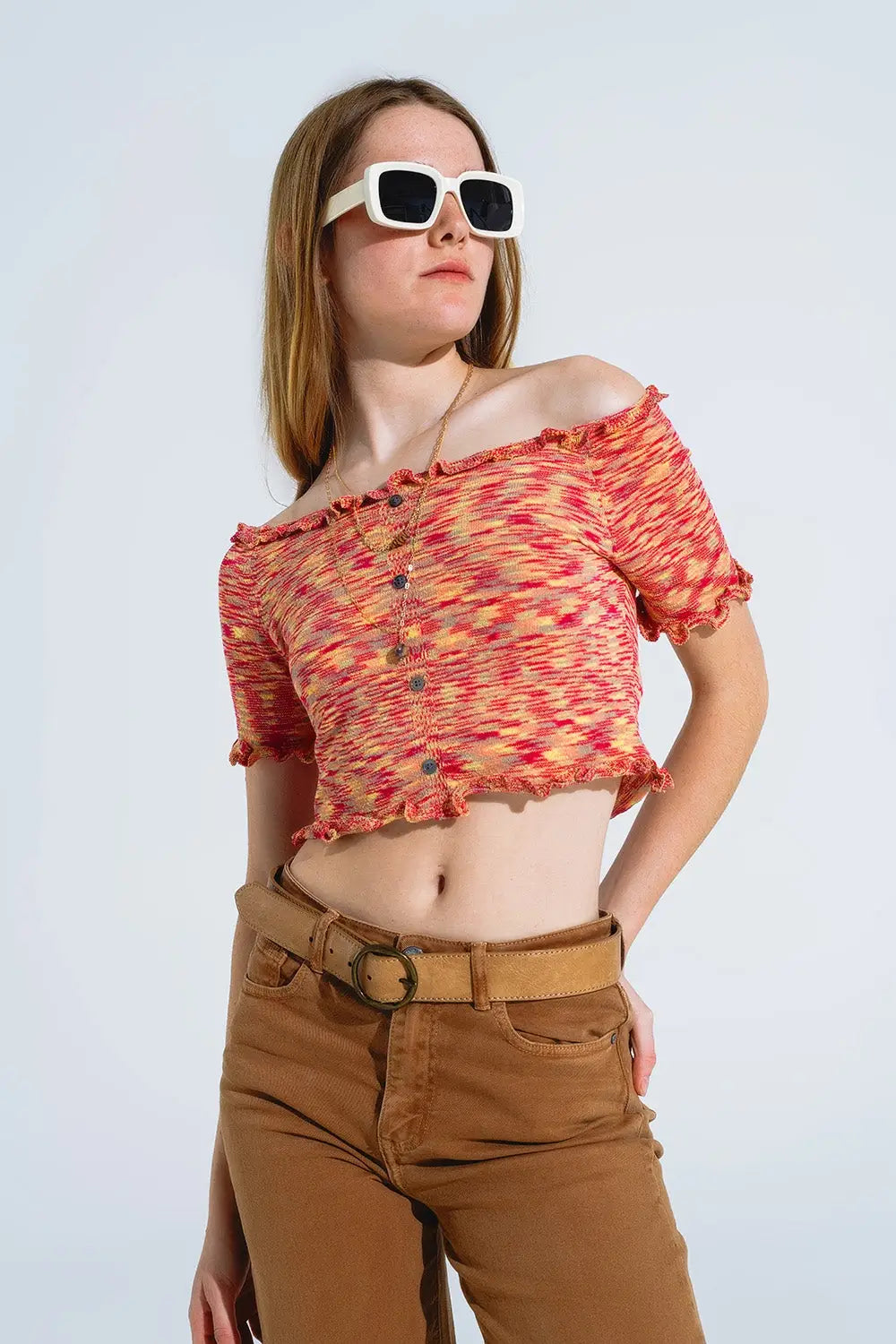 Off The Shoulder Cropped Knitted Top in Rust Melange - Tops Sweaters