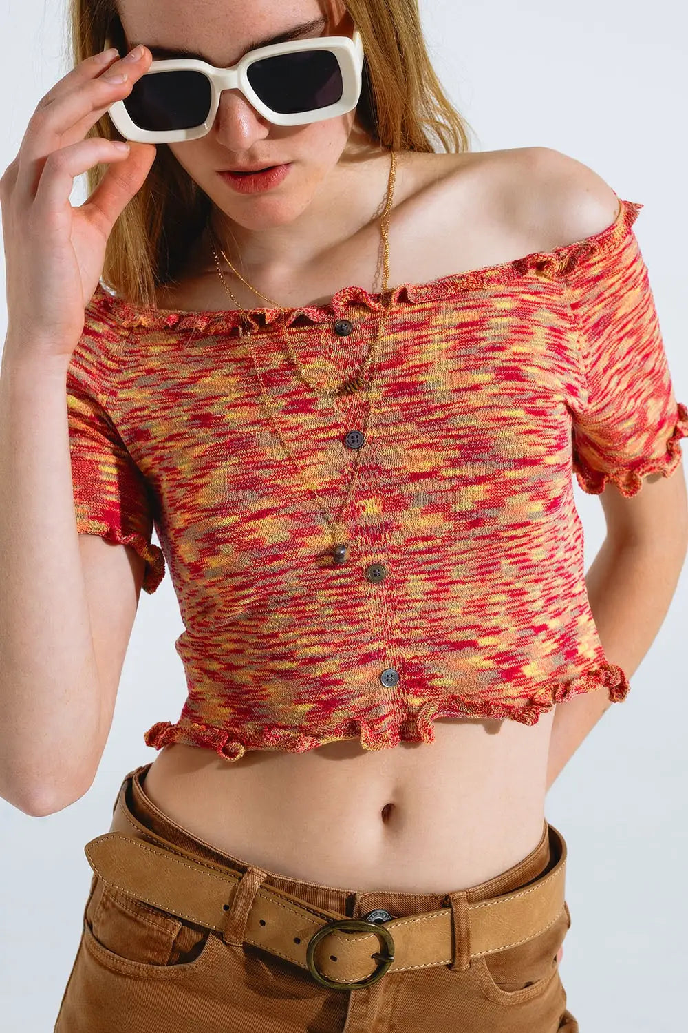 Off The Shoulder Cropped Knitted Top in Rust Melange - Tops Sweaters