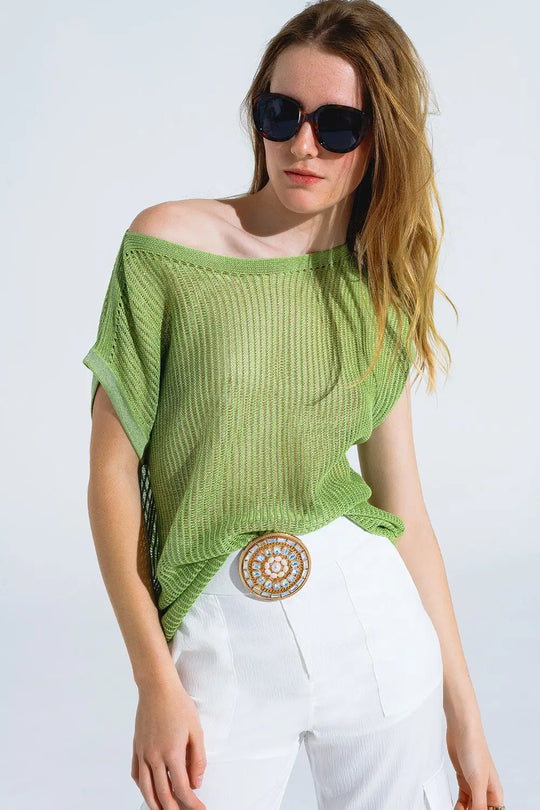 Boat Neck Ribbed Sweater With Cap Sleeves in Green - GREEN / ONE - Sweaters
