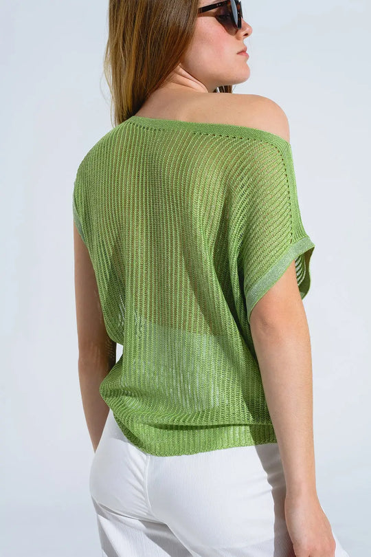 Boat Neck Ribbed Sweater With Cap Sleeves in Green - GREEN / ONE - Sweaters