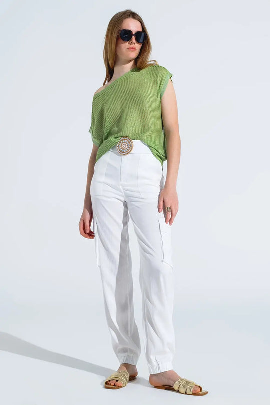 Boat Neck Ribbed Sweater With Cap Sleeves in Green - GREEN / ONE - Sweaters