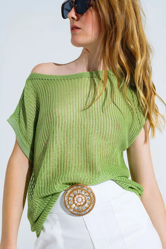 Boat Neck Ribbed Sweater With Cap Sleeves in Green - GREEN / ONE - Sweaters