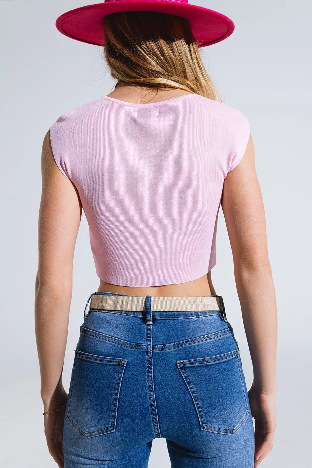 Cropped Knitted Short Sleeves T-shirt in Pink - PINK / ONE - Tops Sweaters