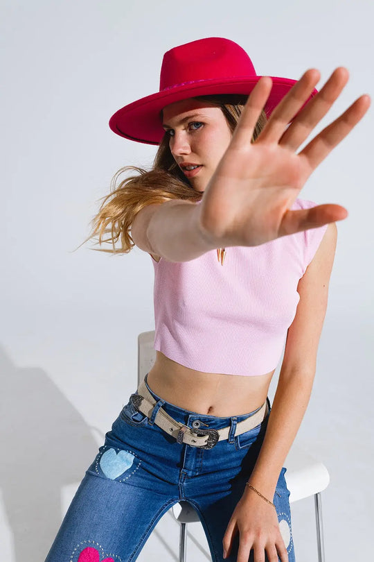 Cropped Knitted Short Sleeves T-shirt in Pink - PINK / ONE - Tops Sweaters