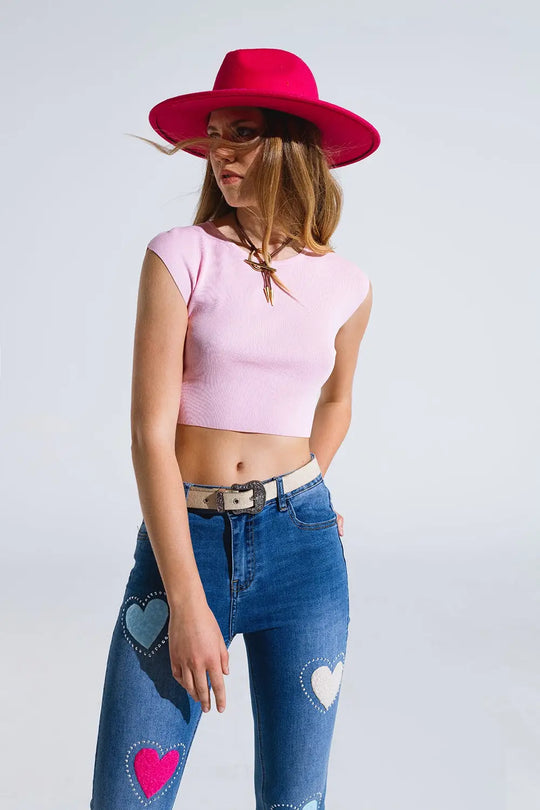 Cropped Knitted Short Sleeves T-shirt in Pink - PINK / ONE - Tops Sweaters