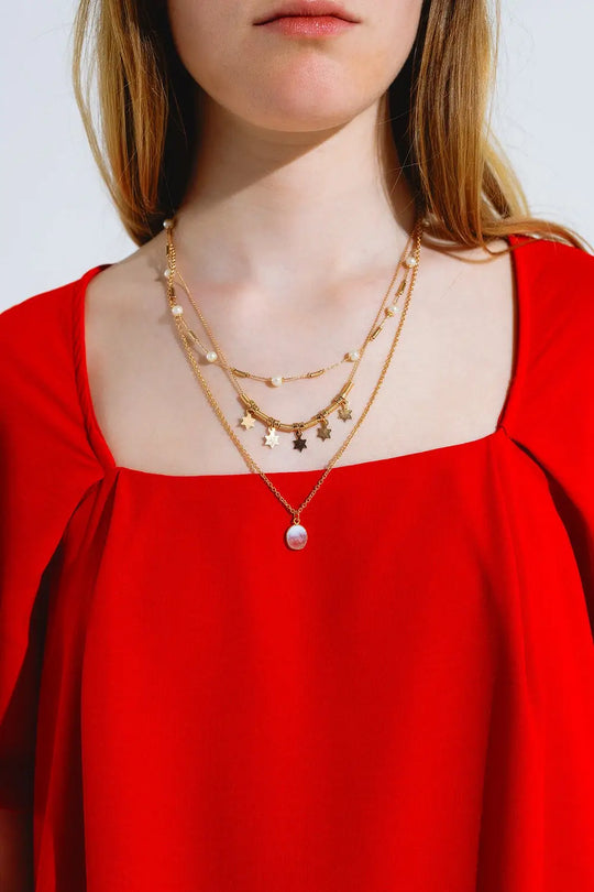 3 in 1 necklace with star and pearl detail - GOLD