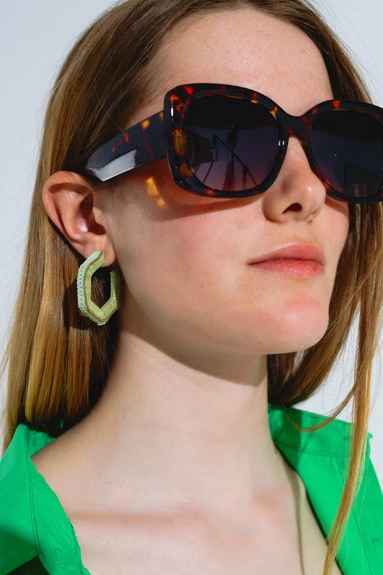Green Hexagon Earrings With Golden Beads and Sequins - GREEN / ONE - Belts Earrings