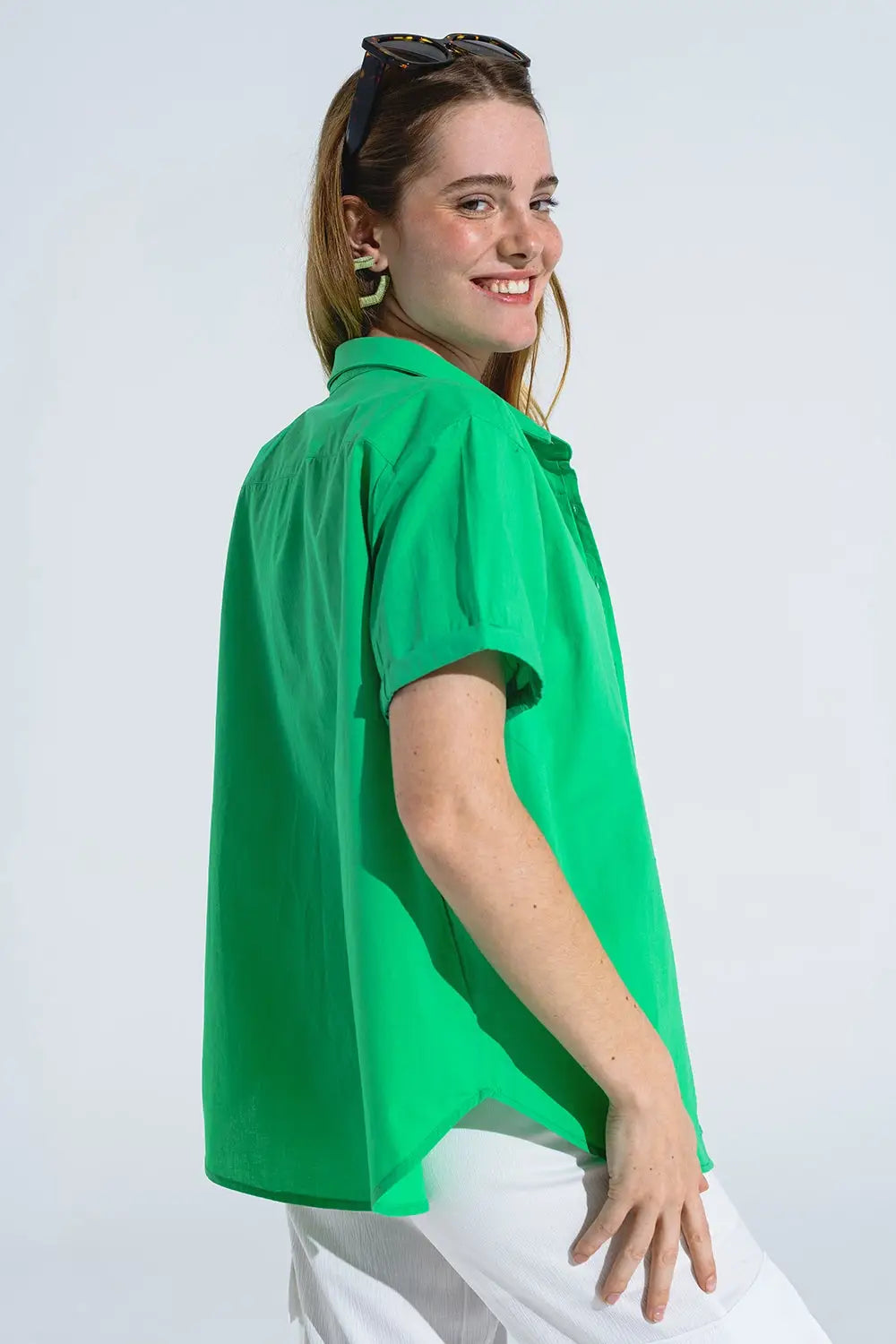 Short Sleeve Relaxed Button Up Shirt in Green - Shirts