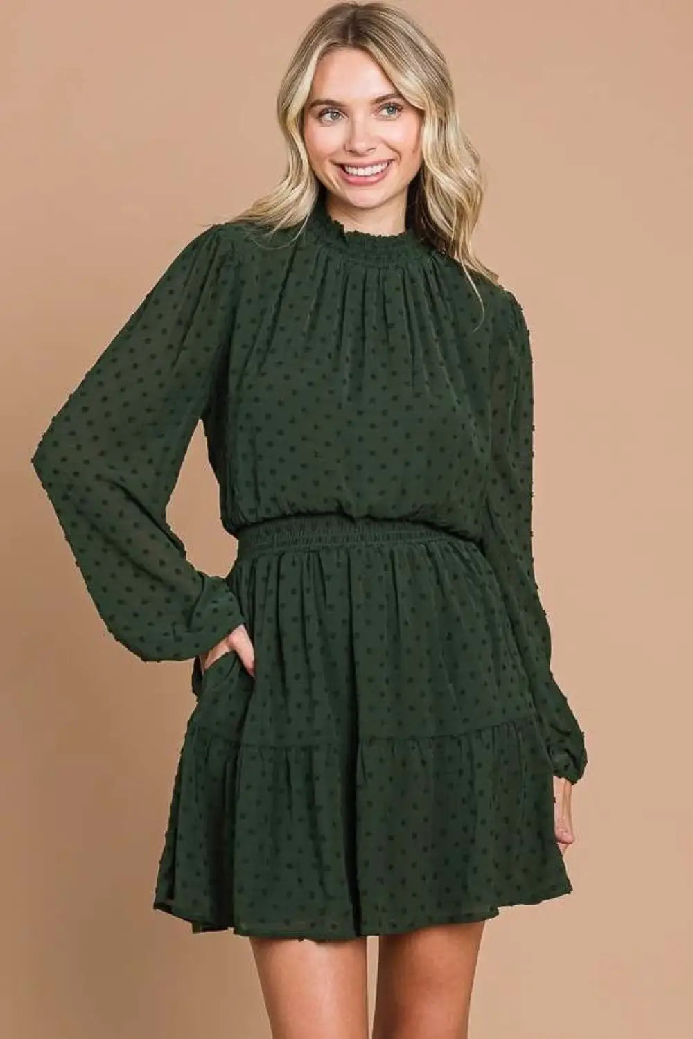 Dark Olive Swiss Dot Mini Dress with Pockets - Dresses