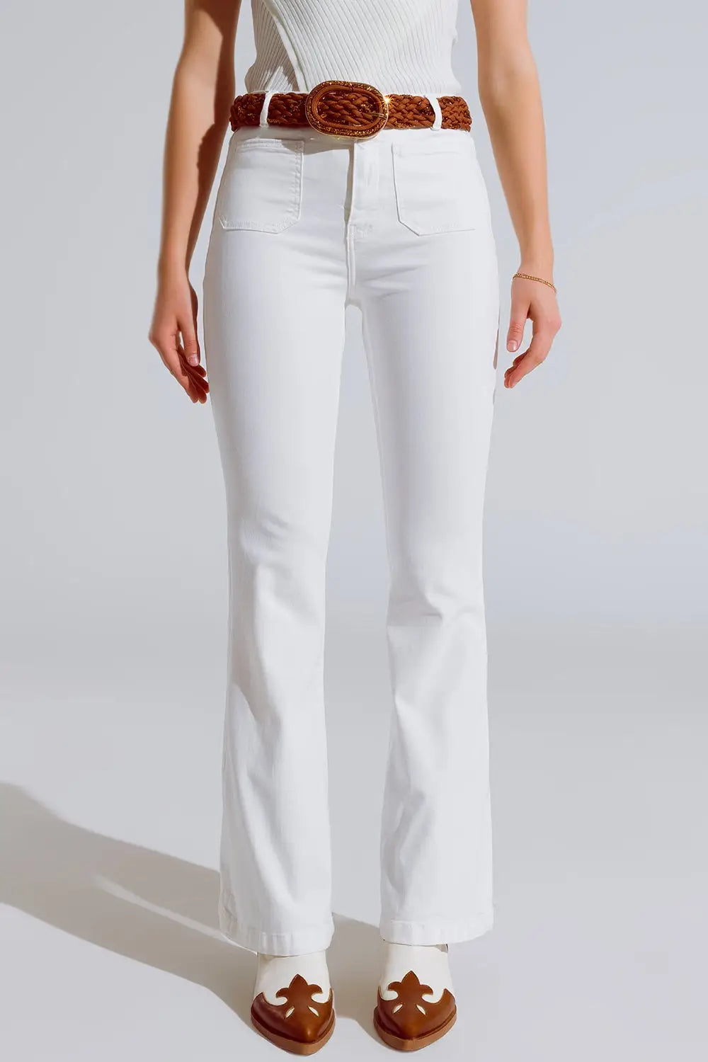 White Skinny Flared Jeans With Front Pocket Detail - Colored Jeans