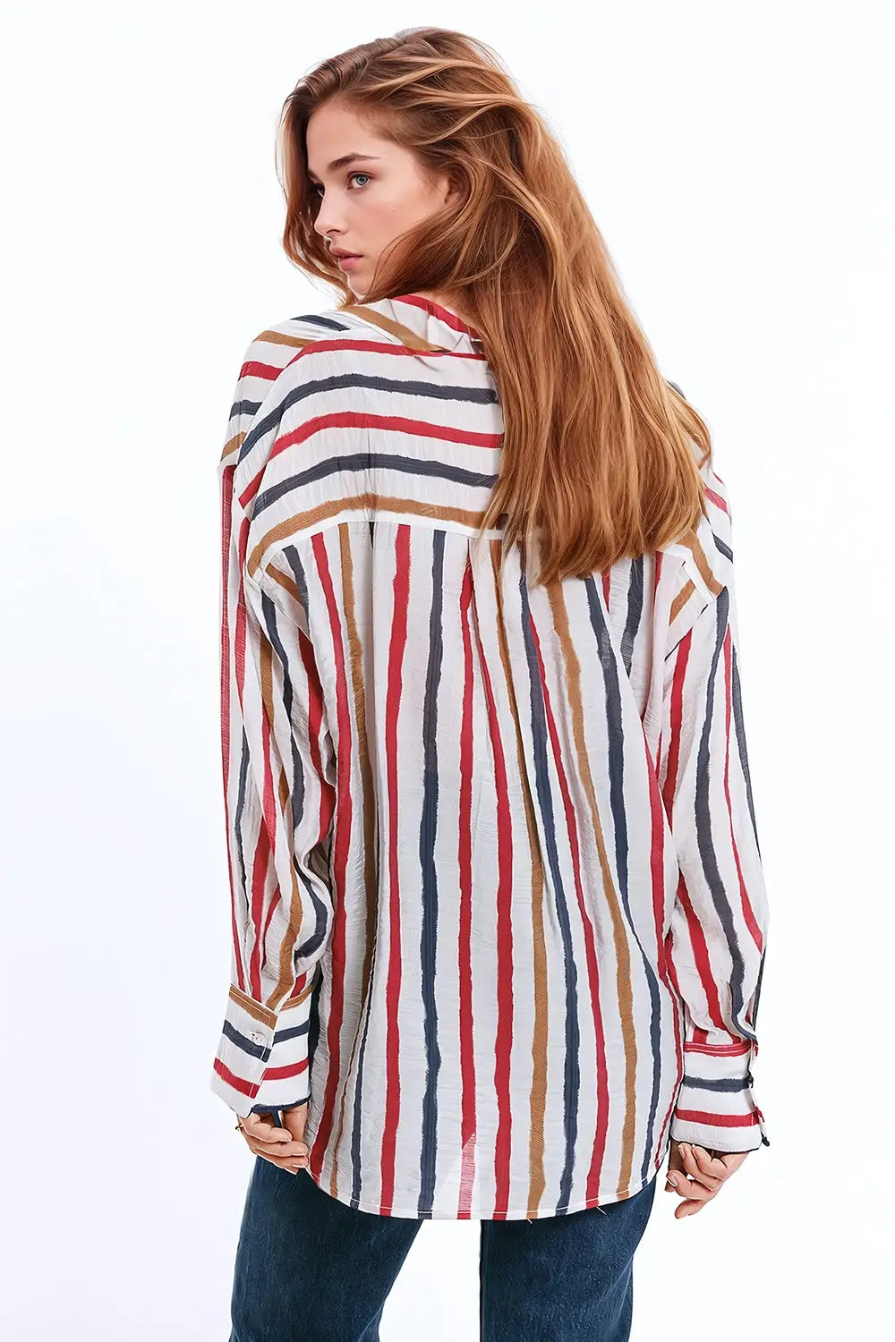chiffon long sleeve shirt with multicolor stripes red and navy - Shirts