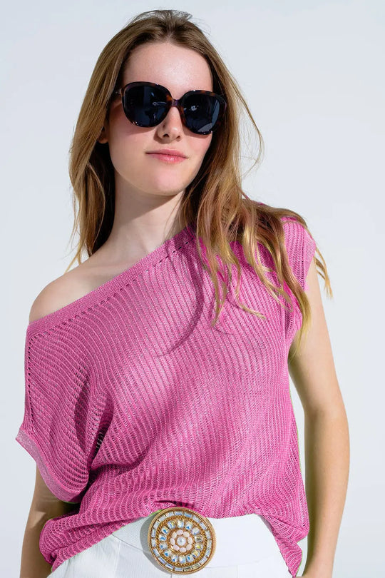 Boat Neck Ribbed Sweater With Cap Sleeves in pink - PINK / ONE - Sweaters