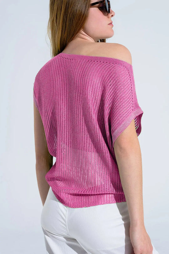 Boat Neck Ribbed Sweater With Cap Sleeves in pink - PINK / ONE - Sweaters
