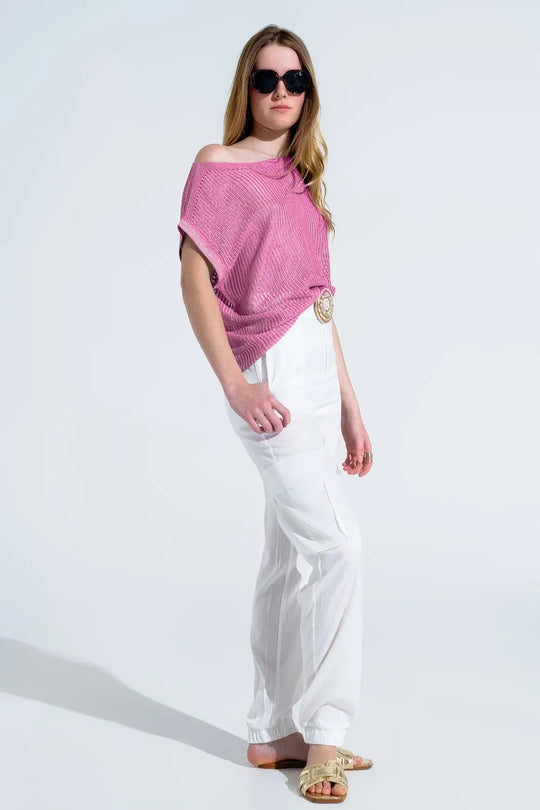 Boat Neck Ribbed Sweater With Cap Sleeves in pink - PINK / ONE - Sweaters