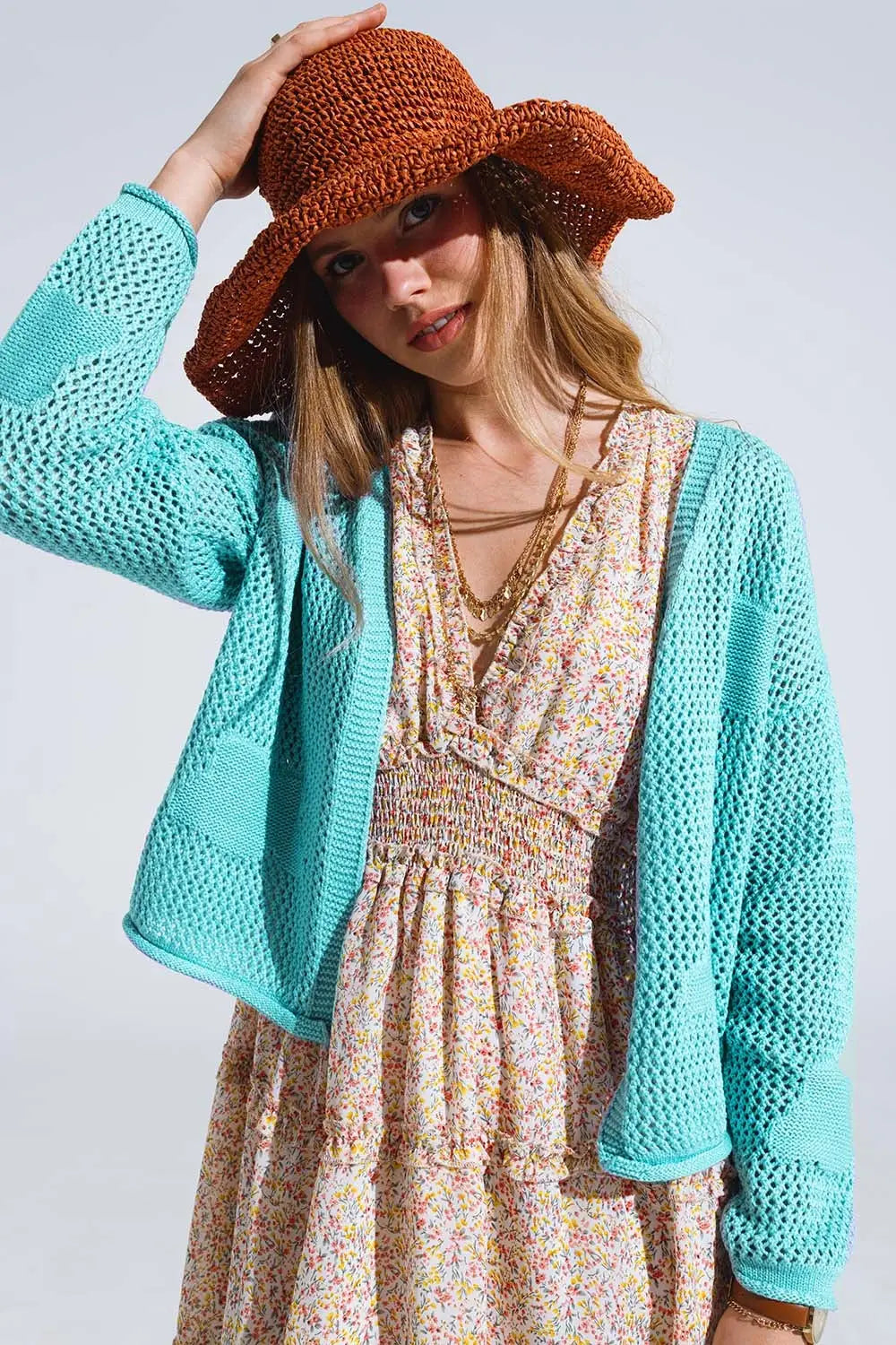 Knitted Crochet Cardigan With Knitted Clouds In light turquoise - GREEN / ONE - Cardigans