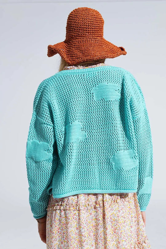 Knitted Crochet Cardigan With Knitted Clouds In light turquoise - GREEN / ONE - Cardigans