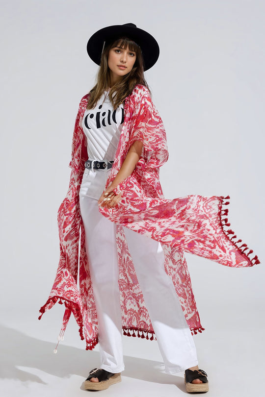 Red Long Kimono With Drawstring Closing in Tribal Print