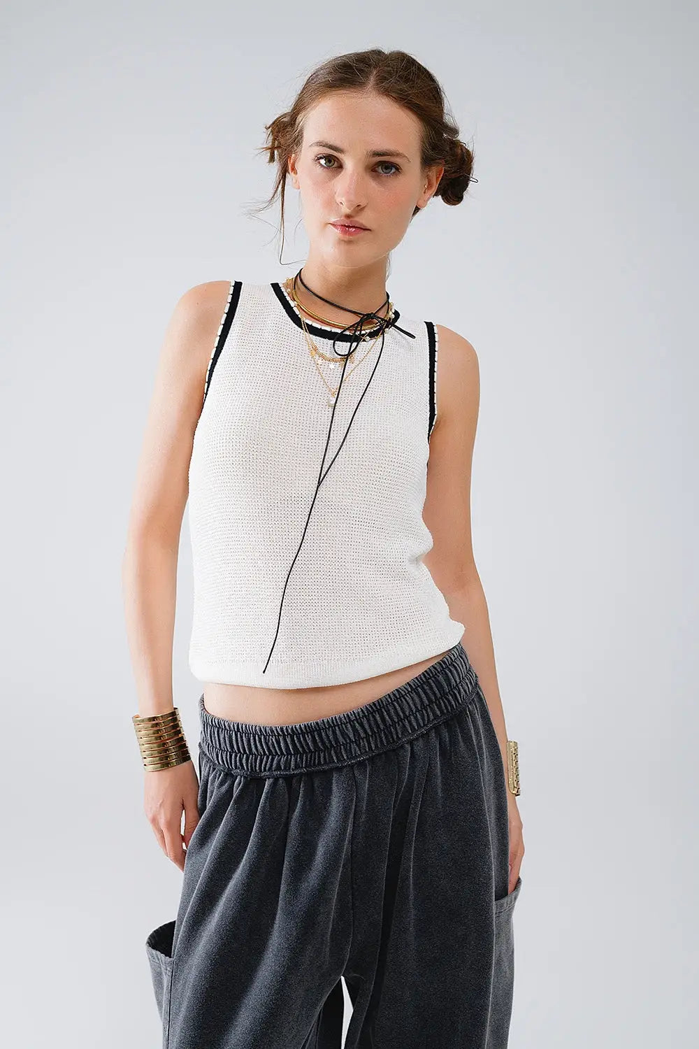 Pointelle White Sleeveless Top With Black and White Trim Detail - Sweaters
