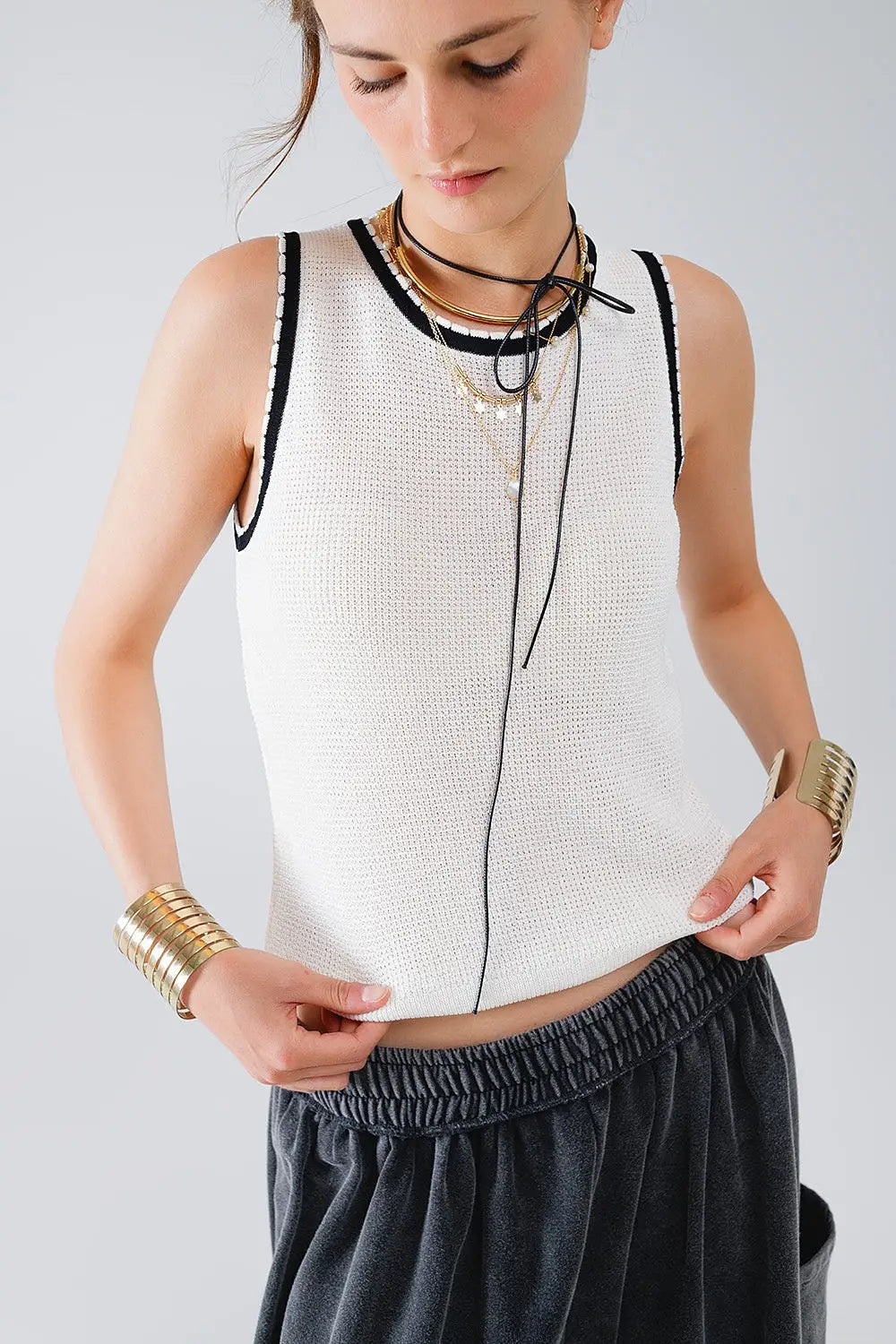 Pointelle White Sleeveless Top With Black and White Trim Detail - Sweaters
