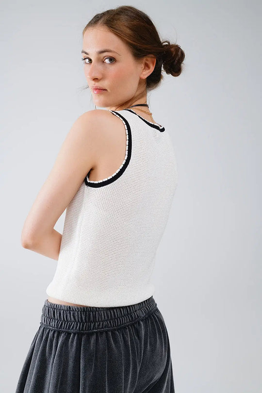 Pointelle White Sleeveless Top With Black and White Trim Detail - Sweaters